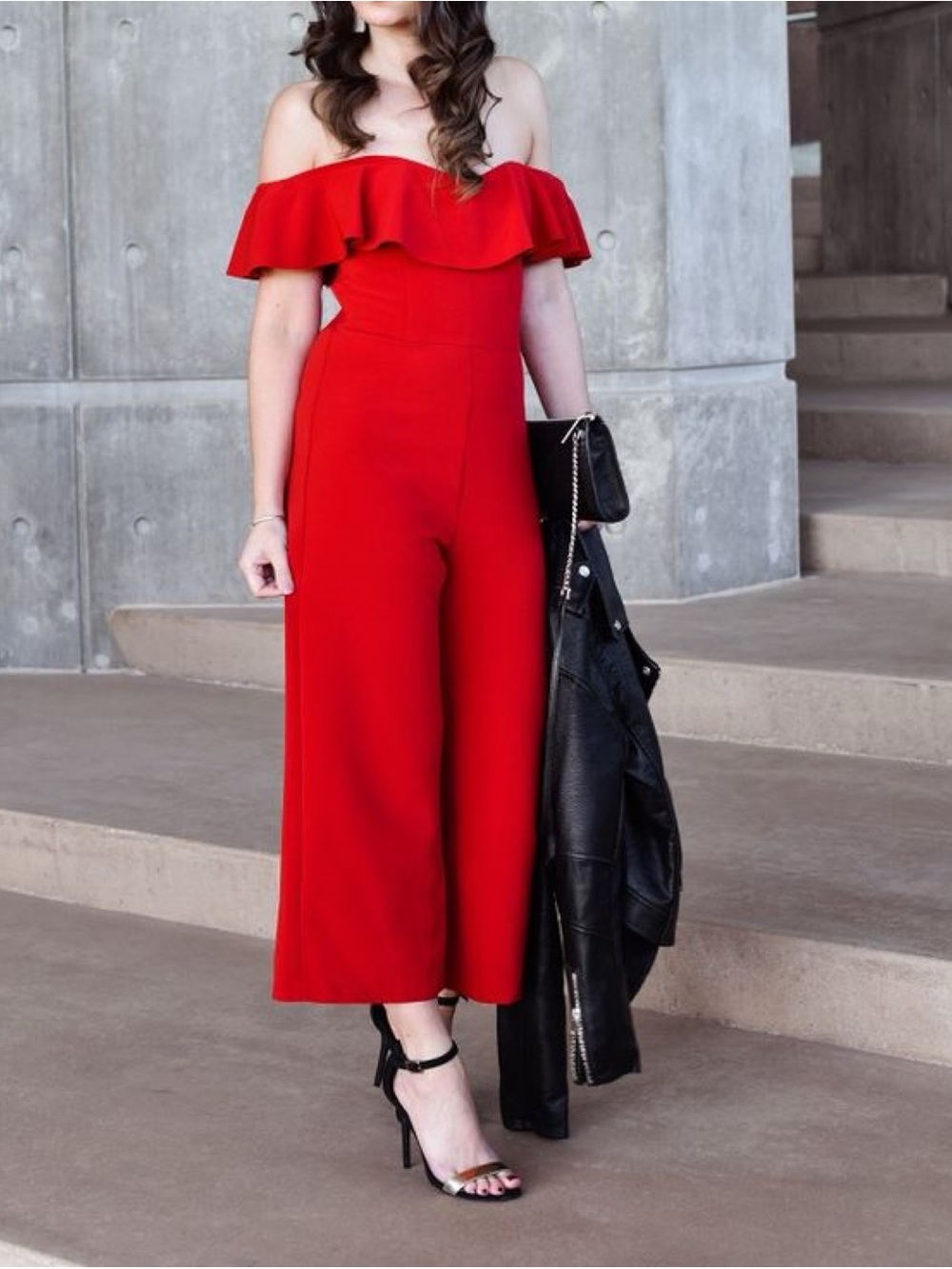 H&M Red Off-The-Shoulder Ruffle Culotte Jumpsuit Size Medium